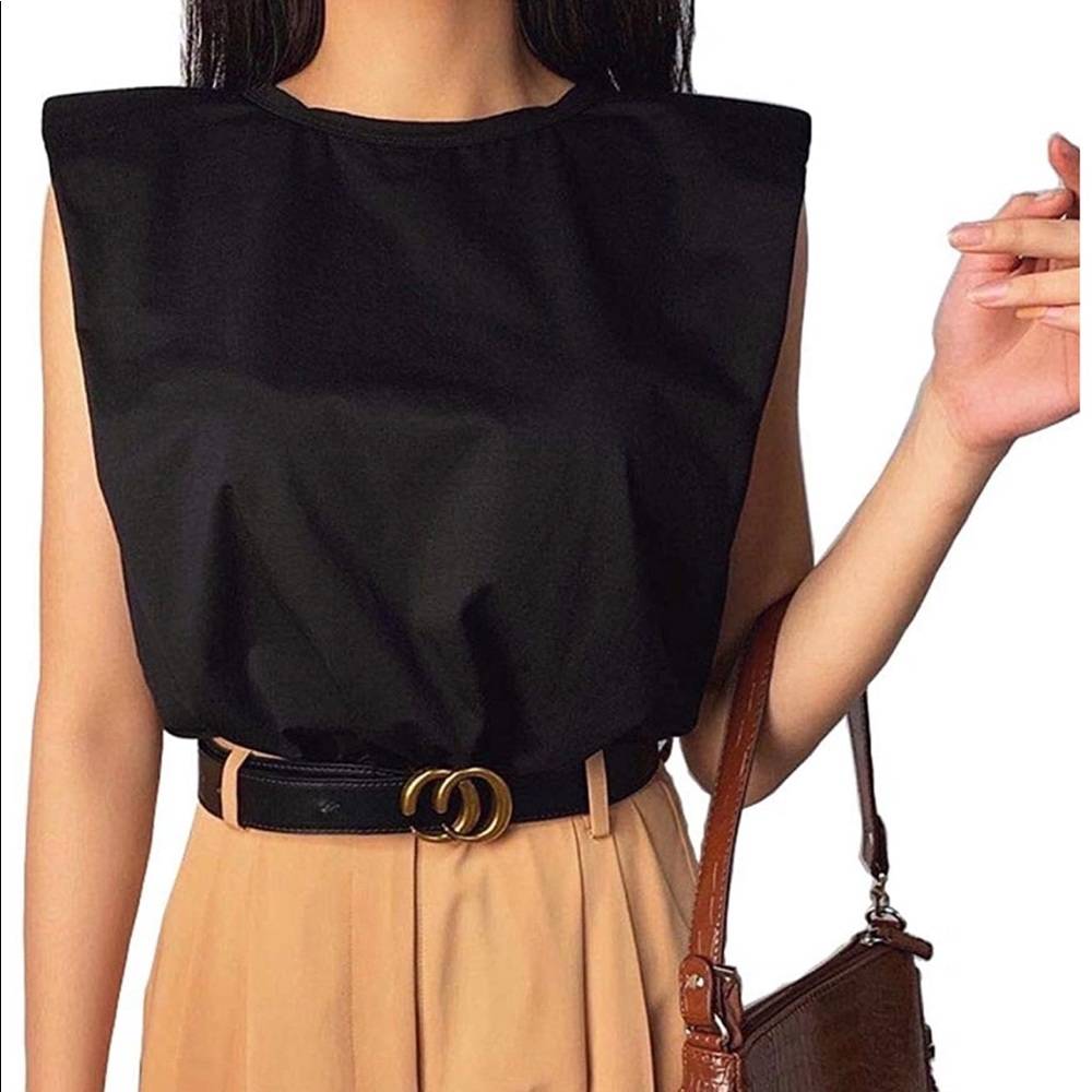 Padded shoulder top t-shirt black tank cotton